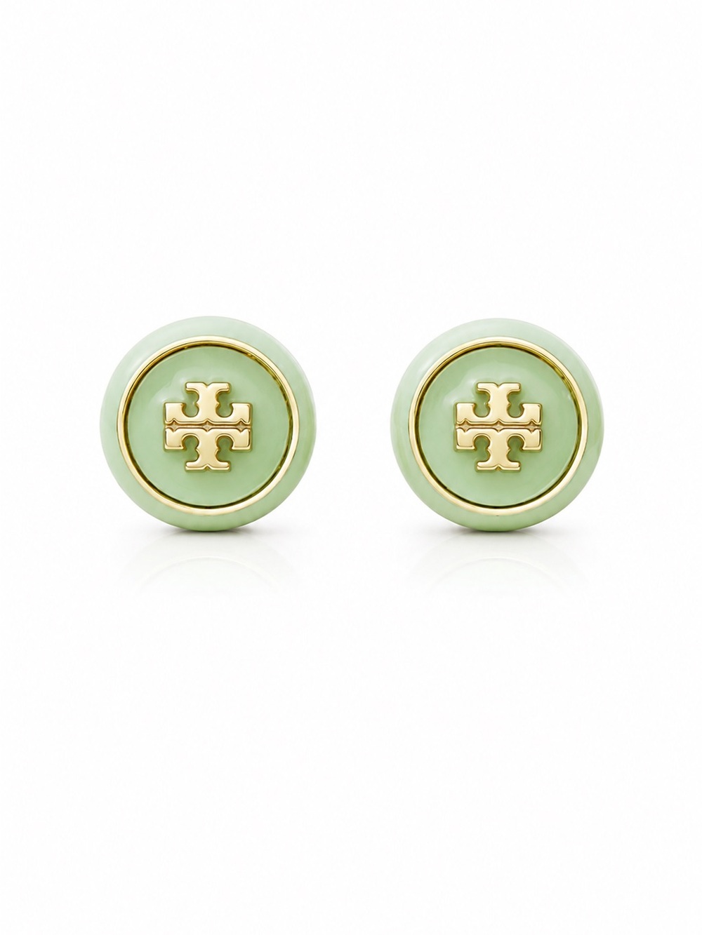 Tory Burch Gold-Tone Logo Green Enamel Circle Stud Earrings